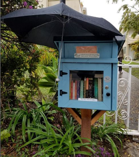 Ahoy! Good News on a Rainy Day!  The TREASURE HUNT, chapter 2. Yesterday, I put one of my books in one of the Little Free Libraries in Santa Barbara. I posted a photo of the library on Facebook, but didn't give the location. (That's what makes it a treasure hunt.) I put a note in the book asking the finder to send me a photo of himself/herself retrieving the book. Later yesterday, someone who recognized that Little Free Library, went to get the book, but it was already gone. I kept checking my email all day, hoping for a photo from the person who had the book. Nada. This morning in the rain, I went back to the Little Free Library, and saw that the book was, indeed, gone. So, I took a pic of the library, and figured that since it was a rainy day, whoever had the book might be curled up with the book and enjoying it. BUT, (here's the good news part!) as I was taking the photo, a gentleman approached me and said that his wife had the book and was waiting for better weather before taking a photo. (He also said that both of them were loving the book!) So, when that photo comes my way, I will post it here. The story continues.